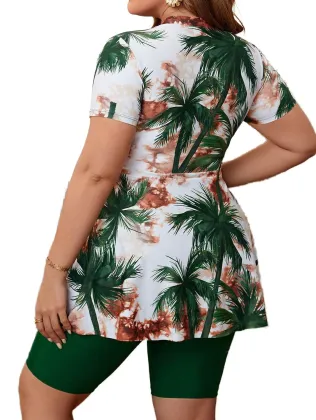 Plus Size Swimsuit Set: Split Swimsuit Women's Bikini with Five Piece Pants and Skirt Style in Flower Print