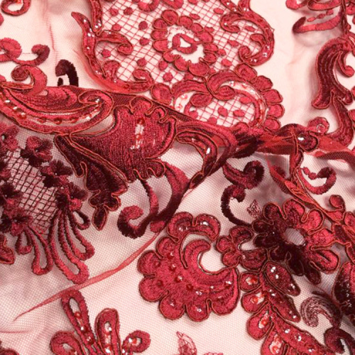 Tissu de broderie de dentelle rouge