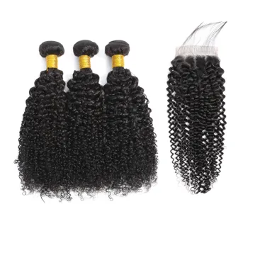 Afro Kinky Straight Indian Remy Virgin Human Hair Weft Yaki Kinky Straight Hair With Silk Top Closure