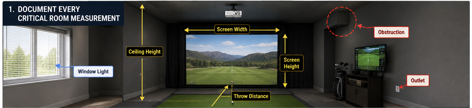 Golf simulator room measurement diagram showing throw distance from projector to screen, screen width and height, ceiling height, electrical outlet location, window light source, and potential obstructions marked with labeled arrows