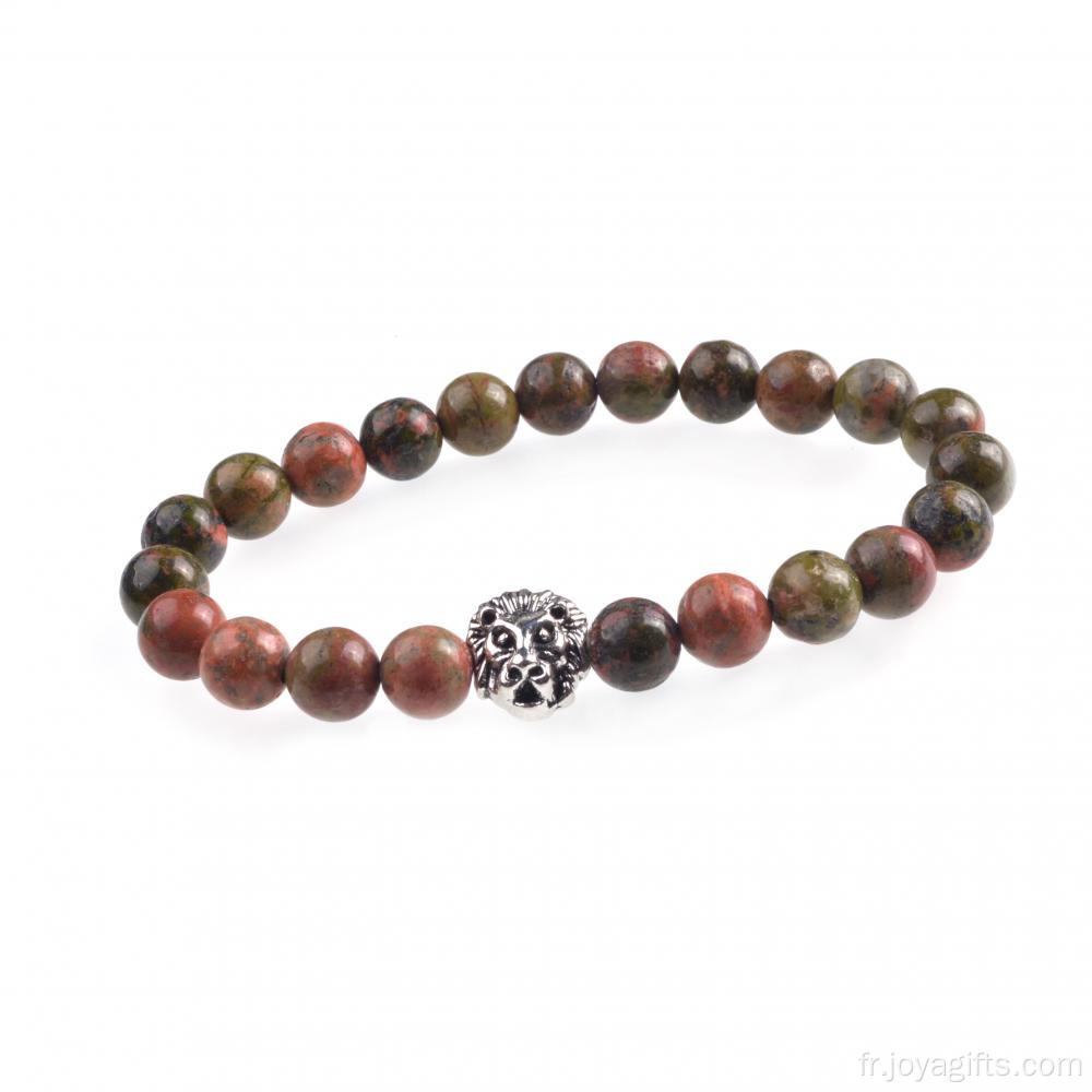 Unakite 8MM Perle Tete De Lion Bracelet