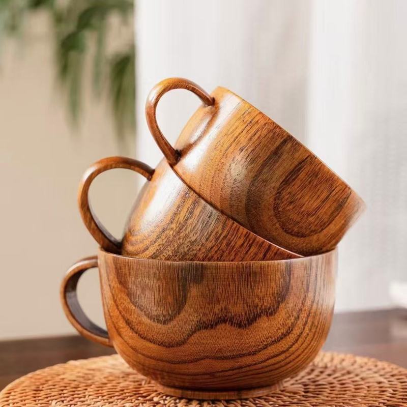 Natural Pattern Wooden Mugs with Ergonomic Handles