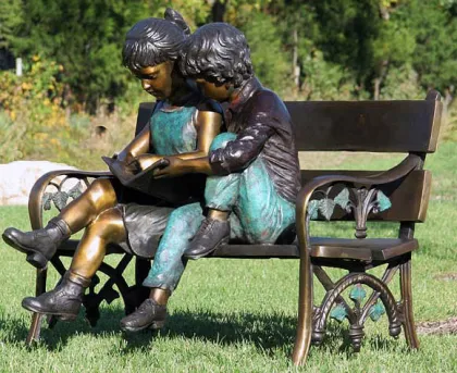 outdoor garden decoration metal children sitting bronze bench sculpture