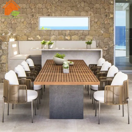 Modern Wooden Dining Table Set for 8-10 with Solid Wood Chairs and Rattan Garden Chairs