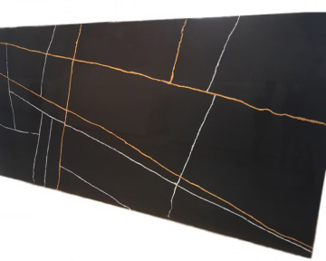 Black Quartz Solid Surface Artificial Stone Kitchen Countertop with White and Gold Veins