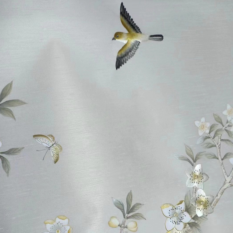 Flower and bird Elegant beige hand-painted wallpaper