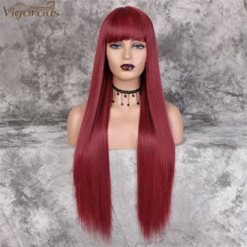 Vigorous Long Straight Wig with Bangs Wine Red Color Synthetic Hair Wigs for Women Heat Resistant Fiber Wholesale Price