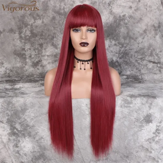 Vigorous Long Straight Wig with Bangs Wine Red Color Synthetic Hair Wigs for Women Heat Resistant Fiber Wholesale Price