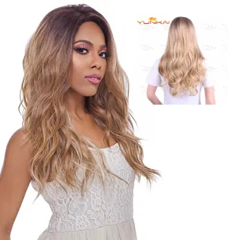 Cheap long Loose water body Wave ash blonde gradient Hair wig Natural Fluffy Long Wavy non lace Synthetic hair Wigs for women