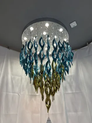 Mission Style Blue and Gold Stained Glass Chandelier
