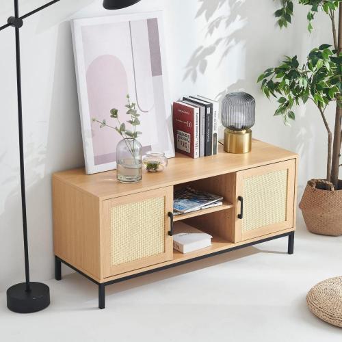 Rattan TV Stand Cabinet, Modern Media Cabinet Home Entertainment Center for TVs up to 50", Wood Farmhouse TV Console Table with