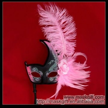 2012 Wholesale Ostrich Feather Pink and Black Carnival Masquerade Mask on Stick B006S