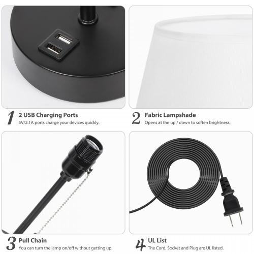 Lâmpada de mesa de cabeceira de cabeceira com dupla porta de carregamento USB