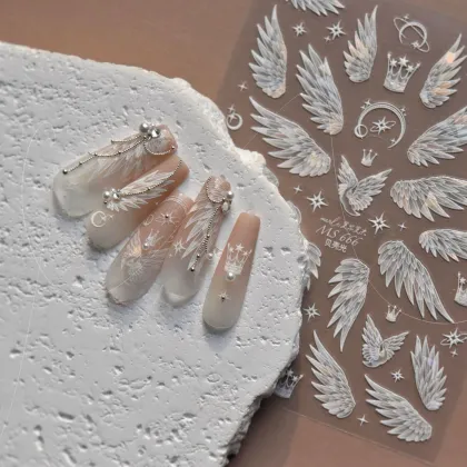 White Angel Wings Nail Stickers with Crystal Diamonds