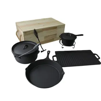 Pre-Seasoned BBQ Heavy Duty Outdoor Camping Cast Iron Dutch Oven Set with Wooden Storage Box
