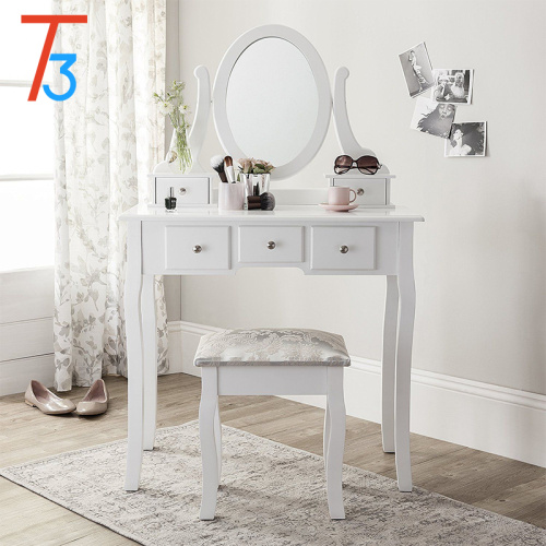 White Wooden Mirror Makeup Desk With Drawer