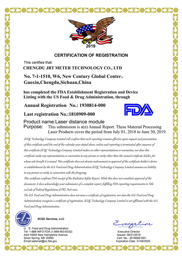 FDA Certificate for Tof Laser Distance Sensor