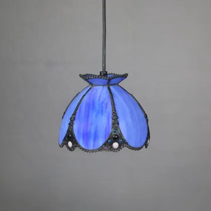 LongHuiJing Antique Brass Finish Bell Hanging Light - Tiffany Style Stained Glass Mini Pendant Lamp