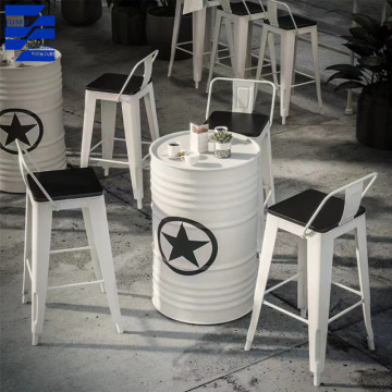 Glamorous Industrial Oil Barrel Dining Table and Wrought Iron Chairs Set