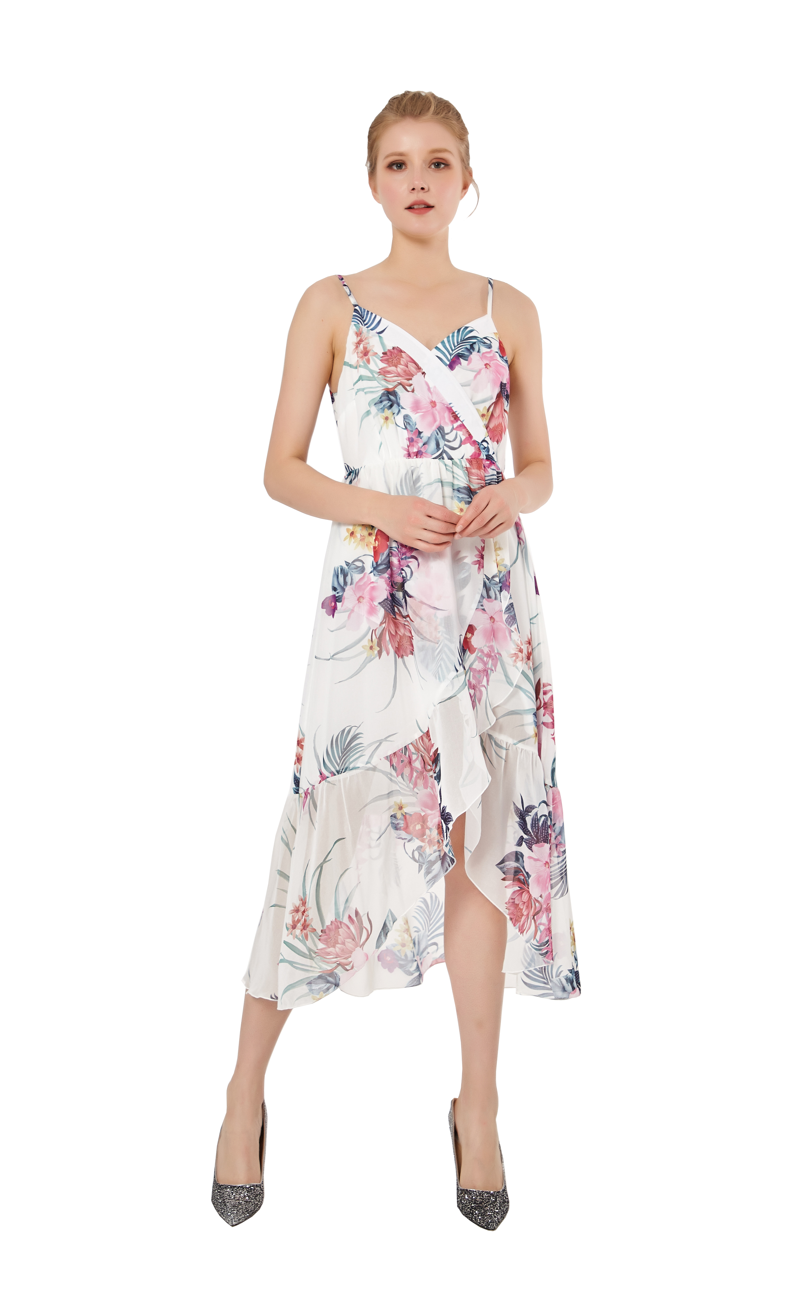 White Floral Ruffles Dress