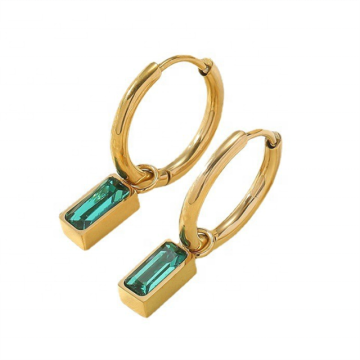 Yiwu Aceon Stainless Steel Hinge Hoop Earrings with Green Rectangle Zircon Drops