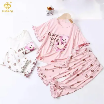 Cartoon Girl Bear Printed Short Sleeve Skirt Set