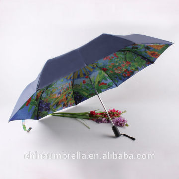 full page printing double cloth pongee sun protection 3 folding umbrella wholesale