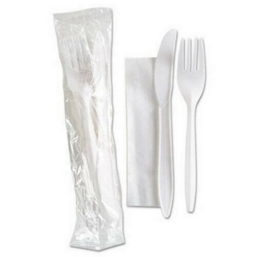 Conjunto de cubiertos de plástico blanco de peso meddium con servilleta individualmente