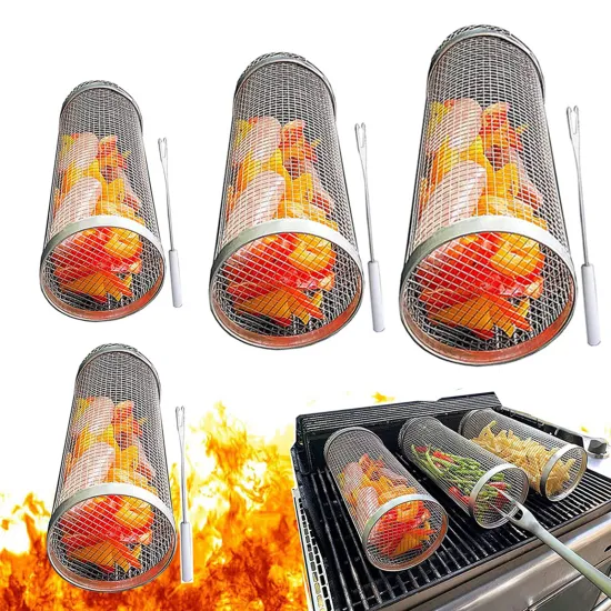 Round Metal Net Tube BBQ Basket Cylinder Rolling Grill Basket in Stainless Steel
