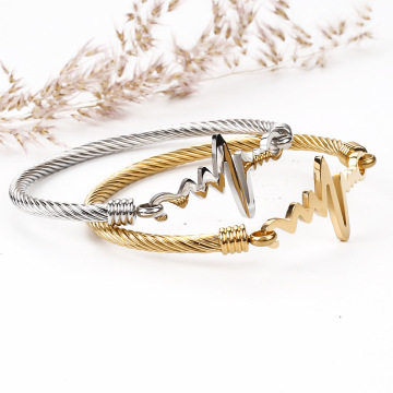 Gold Plated Stainless Steel Cable Bracelet with Heart Rate Wire Rope Designer Bangles