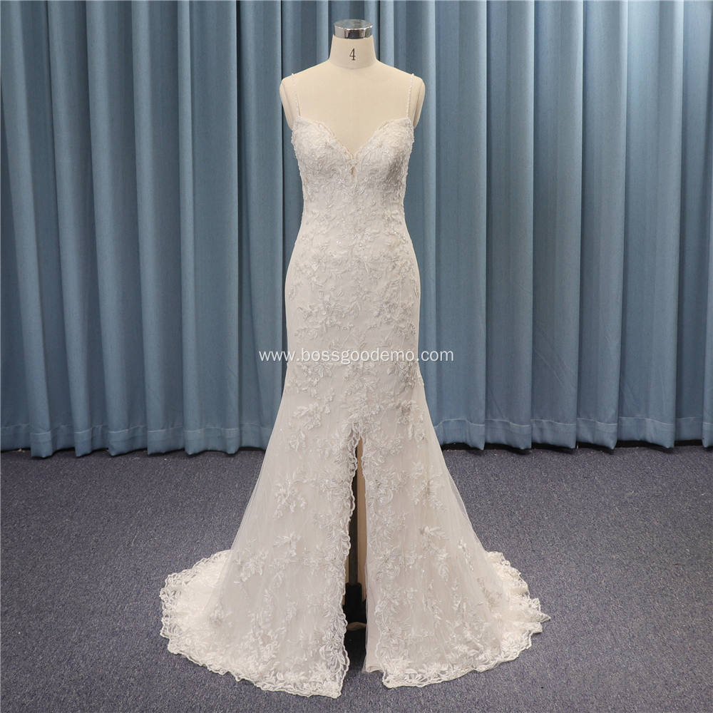 V neckline embroidery front split beaded mermaid diamond wedding gown dress with slit