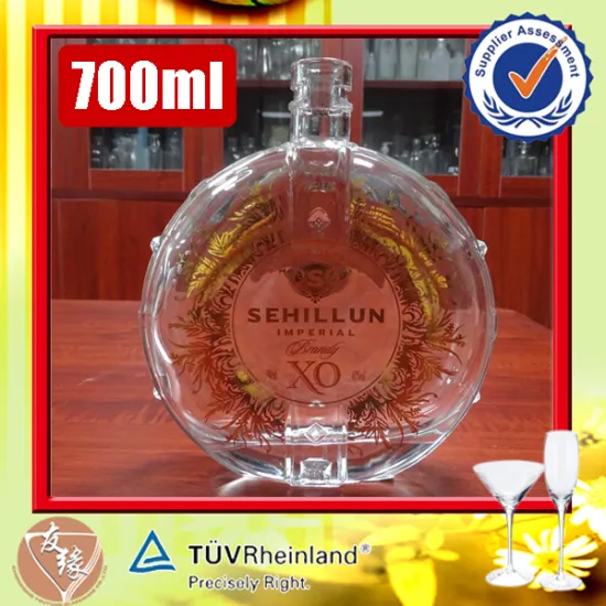 Luxury gold design brand new round shaped xo brand spirits cheap 700ml liquor glass bottles