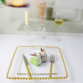 Square Gold Rim Beaded Transparent Glass Charger Plate