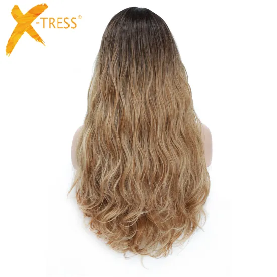 X-TRESS Black Root Light Brown Women Synthetic Hair Wigs High Temperature Fiber Middle Part Wigs Machine Made Natural Hair Wigs