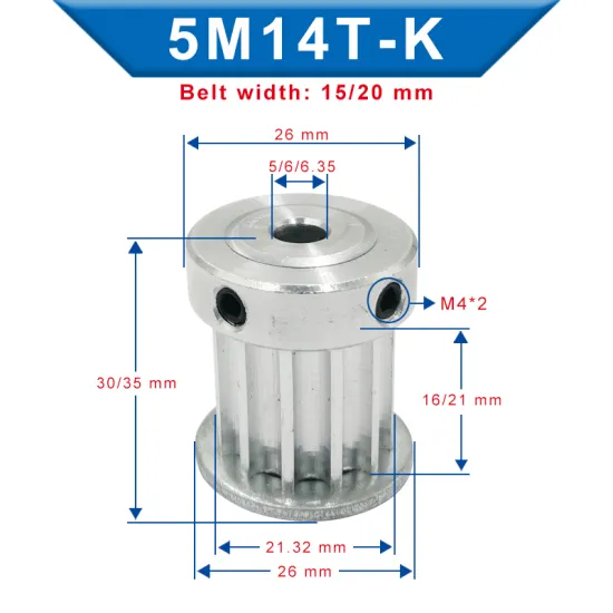 5M-14T Pulley Inner Bore 5/6/6.35/8/10 mm Aluminum Belt pulley Slot Width 16/21 mm For Width 15/20 mm 5M-round polyurethane belt