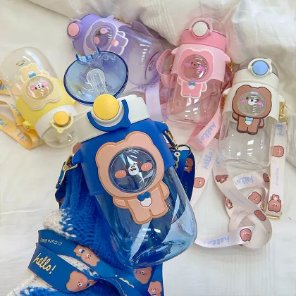 Cartoon Cute Plastic Cup High Temperature Portable Straw Cup Diagonal Strap Water bottle cute water bottle