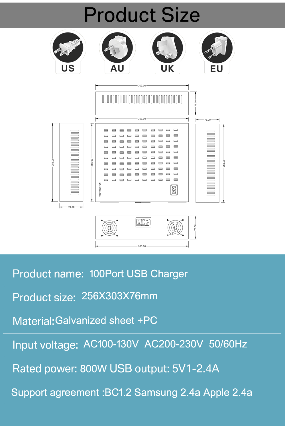 100 port usb-a charger Product Size