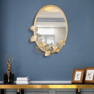 Elegant Golden Metal Ginkgo Leaf Oval Decorative Bedroom Mirror