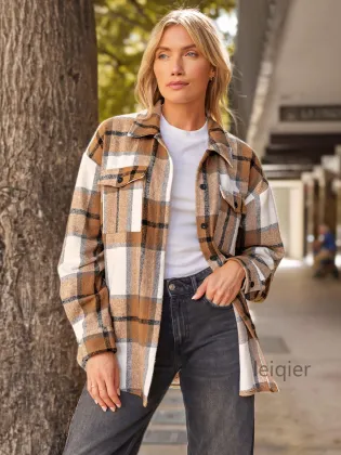 Women's Custom Logo Plaid Woolen Shirt Jacket with Large Pockets