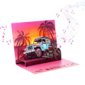 Tarjeta de cumpleaños emergente musical 3D Beach Sunset con coche todoterreno