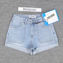 Light Blue Hign-waisted Elastic Beading Denim Shorts