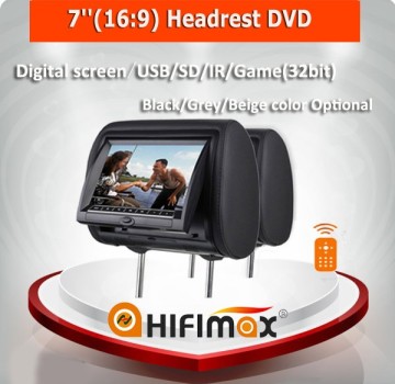 Hifimax 7" car dvd headrest car dvd player w/USB/SD/IR/Game(32bit)/Digital screen/remote controller Black, Grey,Beige, optional