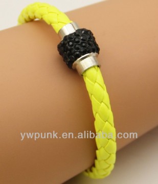 Supply DIY inlaid black rhinestones polymer clay magnetic clasps yellow PU leather bracelets women jewelry