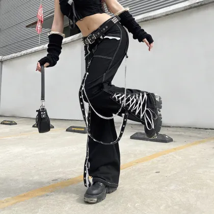 Women Lace Splicing Black Goth Pants