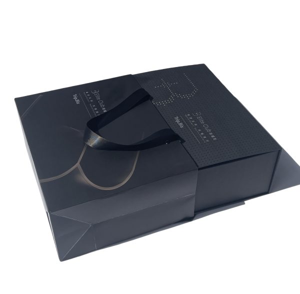 Ribbon Handle Black Paper Bag for Boutique Clothing