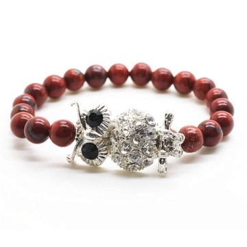 Red Jasper 8MM Round Beads Stretch Gemstone Bracelet with Diamante alloy Owl Piece