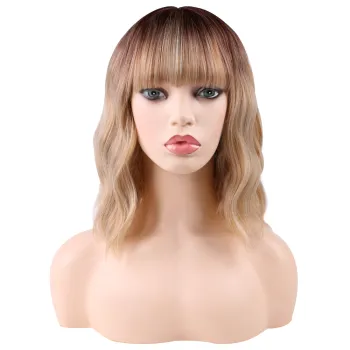 Wholesale Machine Made Water Wave Pink Wig With Bangs Cheap Cosplay Pixie Curls Short Bob Synthetic Hair Wigs With Highlights