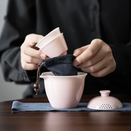 Portable Light Pink Porcelain Tea Set - Gift Bag Included: Tea Maker, Infuser, and Gongfu Set