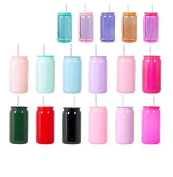 Sublimation Printed 12oz and 16oz Gradient Beer Can Glasses with Bamboo Lid and Straw: Frosted Clear Blank Can Shaped Drinkware