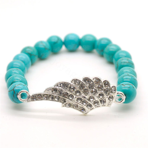 Turquoise 8MM Round Beads Stretch Gemstone Bracelet with Diamante alloy Wing Piece